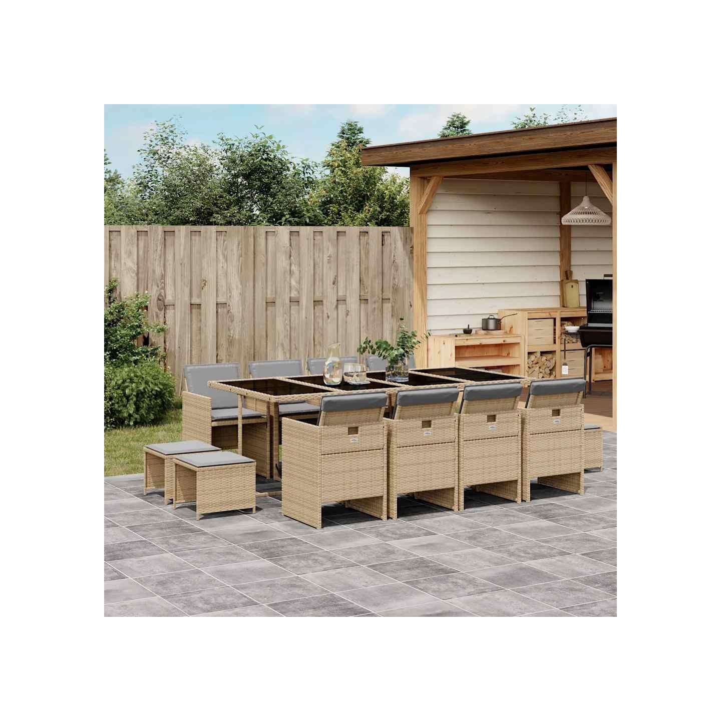Ensemble à manger de jardin coussins 13 pcs mélange beige rotin