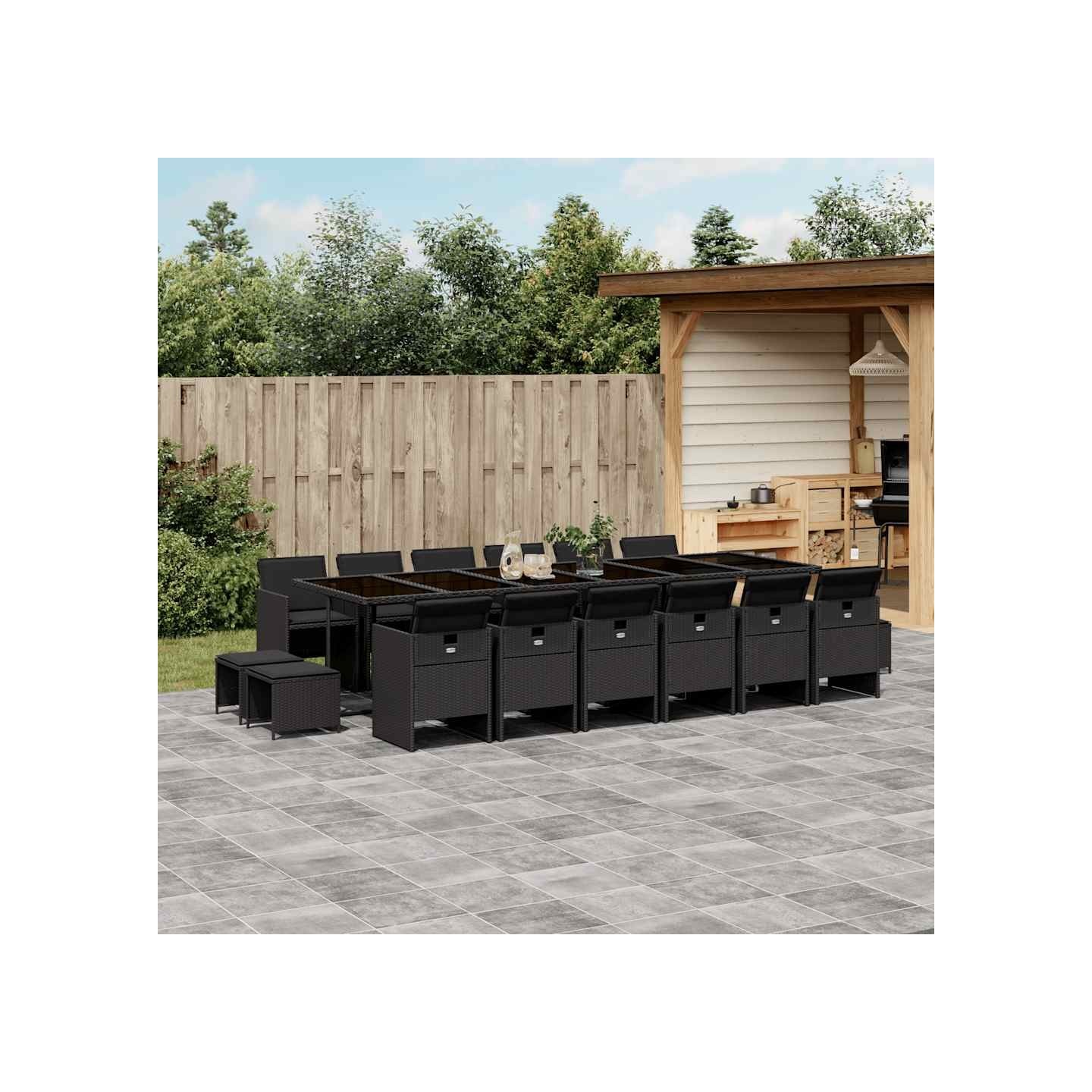 Ensemble à manger de jardin 17 pcs coussins noir résine tressée