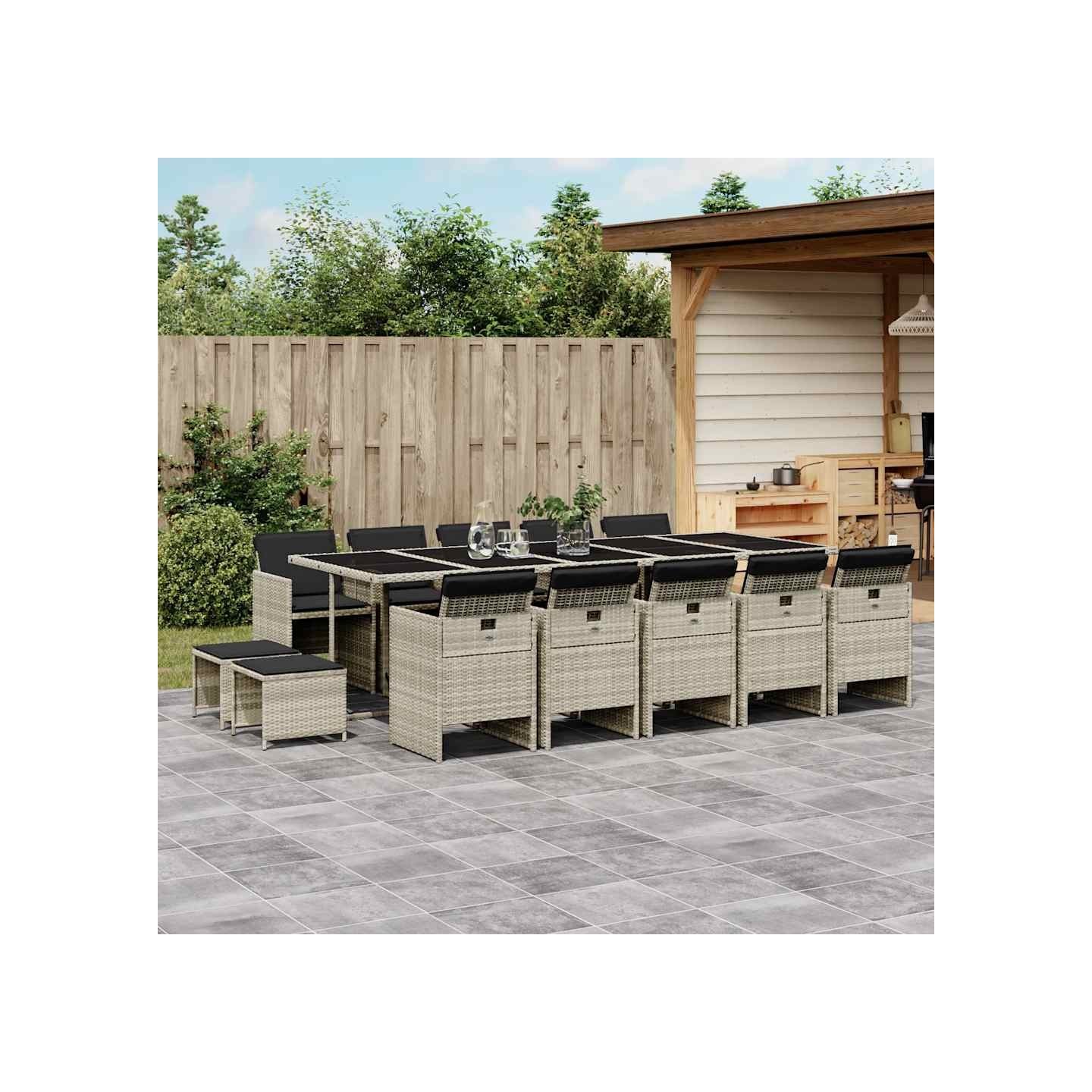 Ensemble à manger de jardin et coussins 15 pcs gris clair rotin