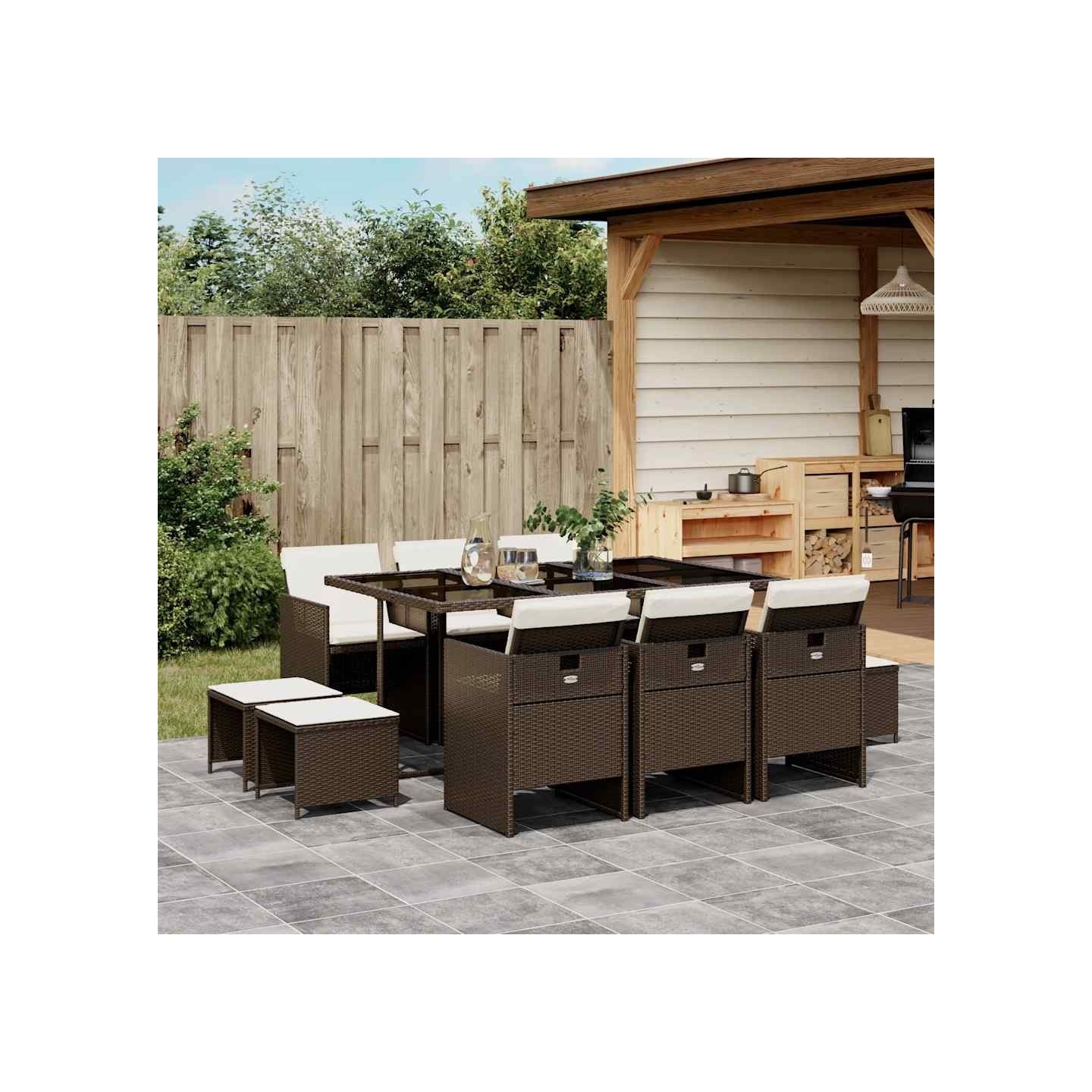 Ensemble à manger de jardin et coussins 11 pcs marron rotin