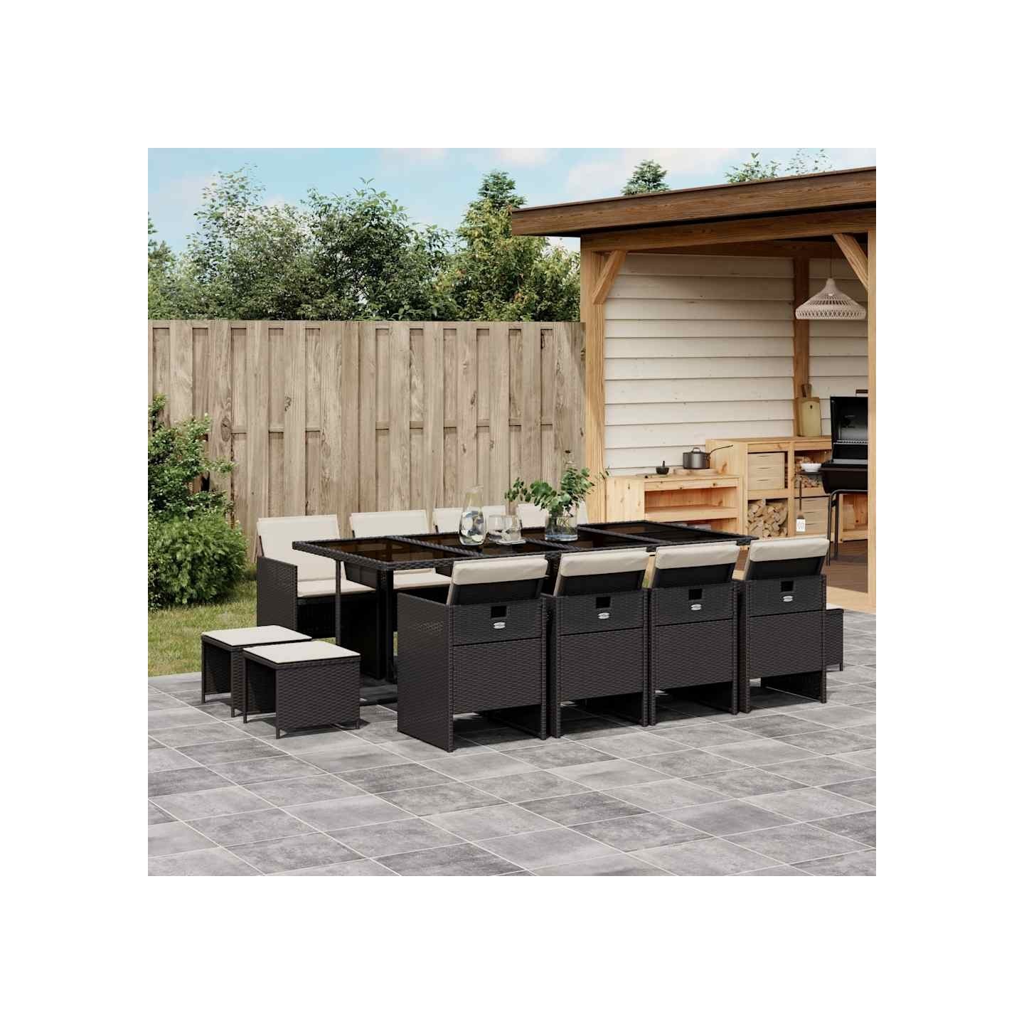 Ensemble à manger de jardin 13 pcs coussins noir résine tressée