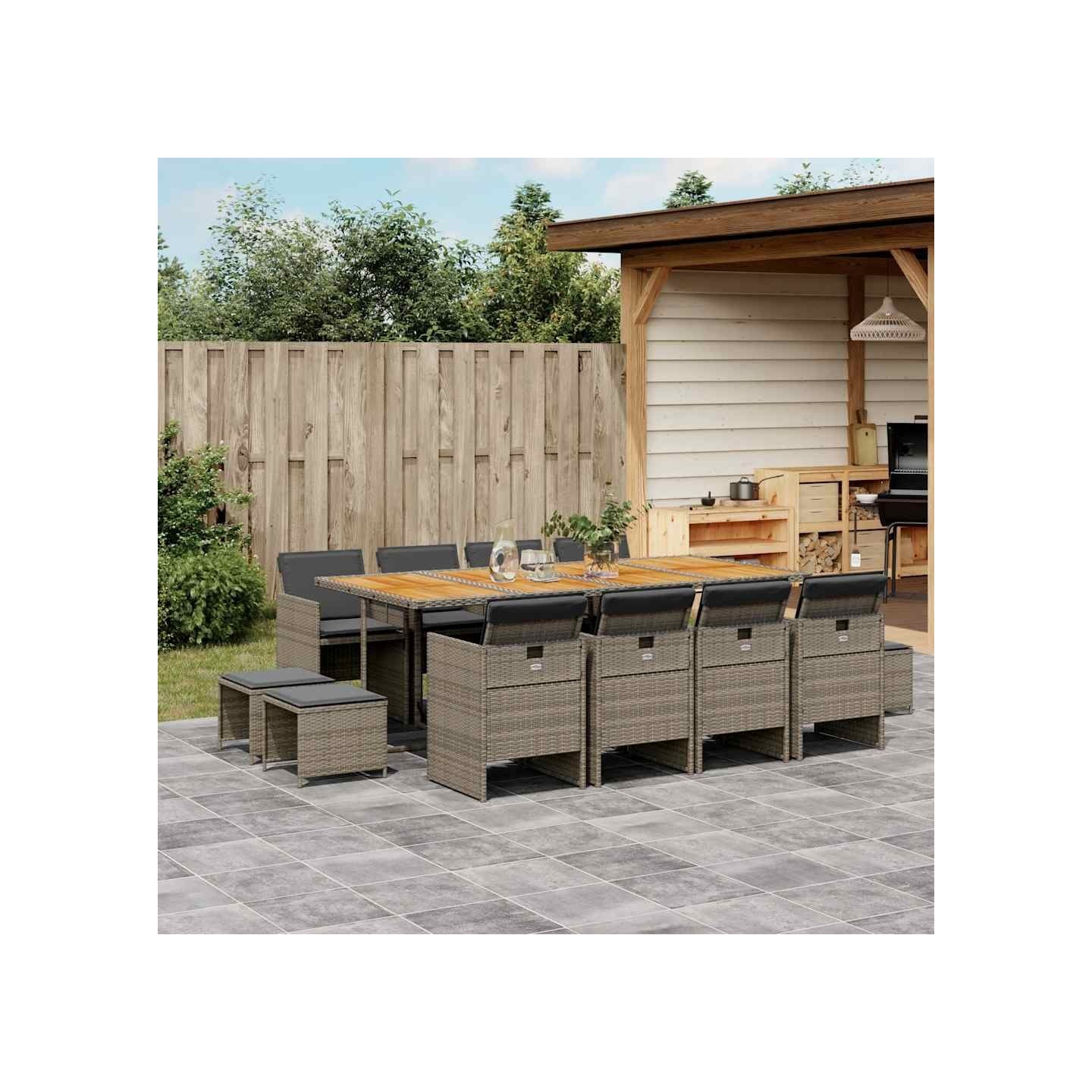 Ensemble à manger de jardin coussins 13 pcs gris résine tressée