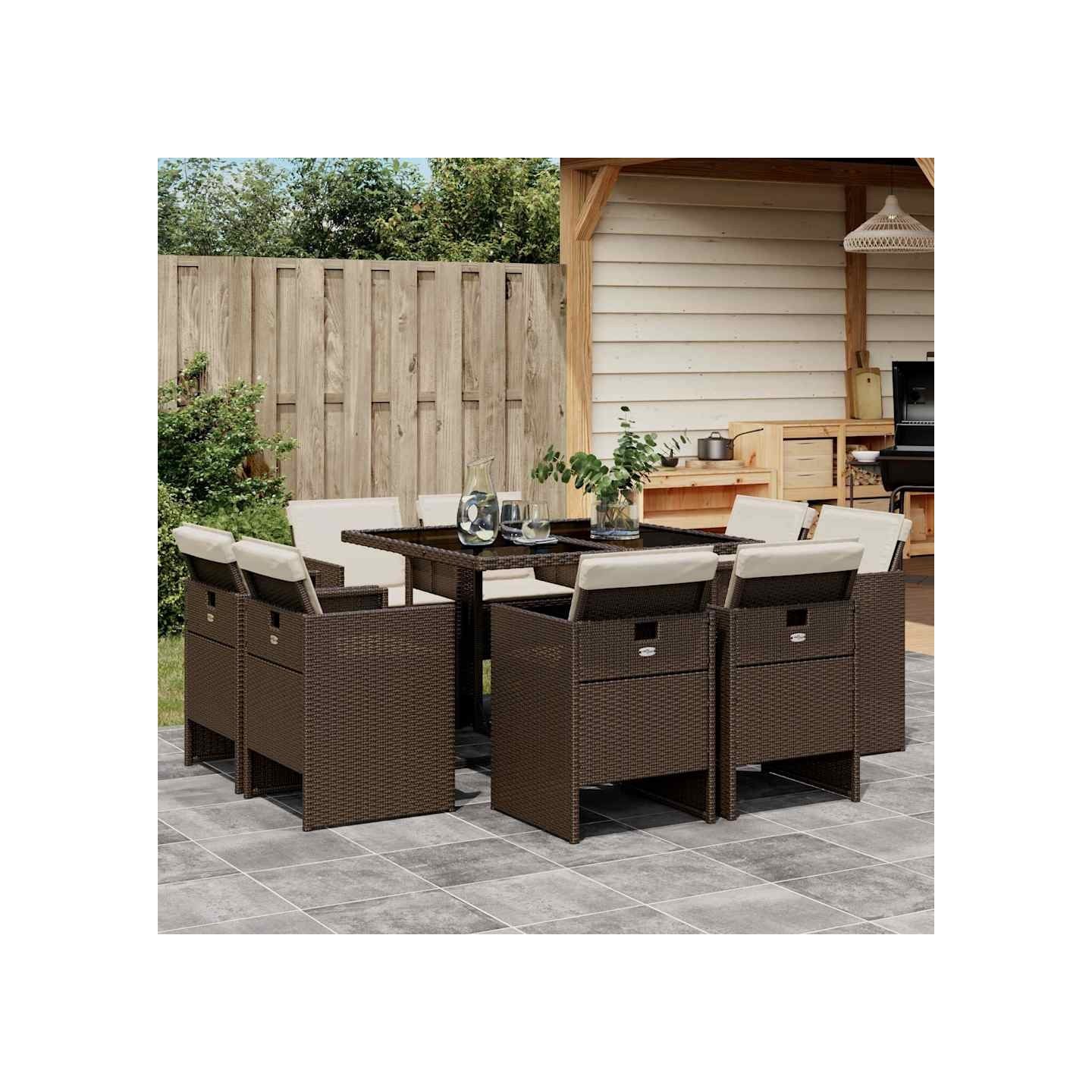 Ensemble à manger de jardin et coussins 9 pcs marron poly rotin