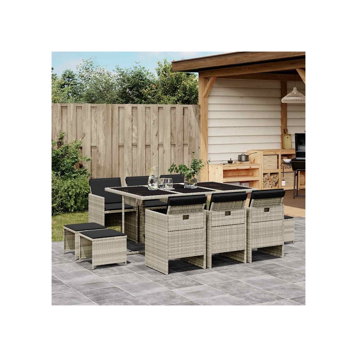 Ensemble à manger de jardin 11pcs avec coussins gris poly rotin