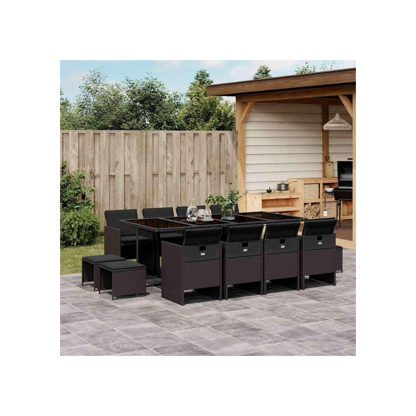 Ensemble à manger de jardin 13 pcs coussins noir résine tressée