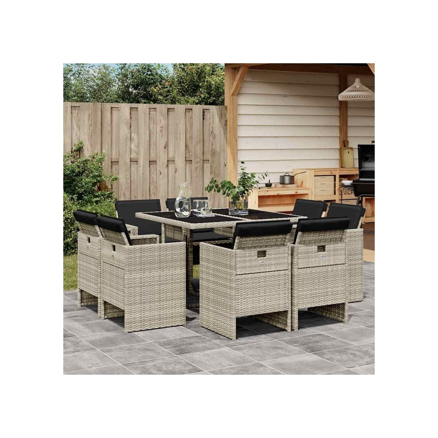 Ensemble à manger de jardin et coussins 9 pcs gris clair rotin