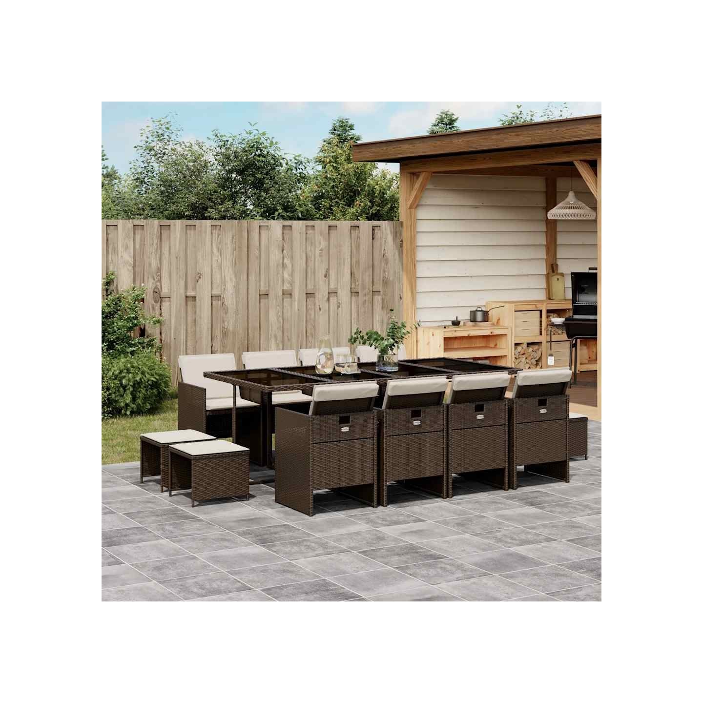 Ensemble à manger de jardin avec coussins 13 pcs marron rotin