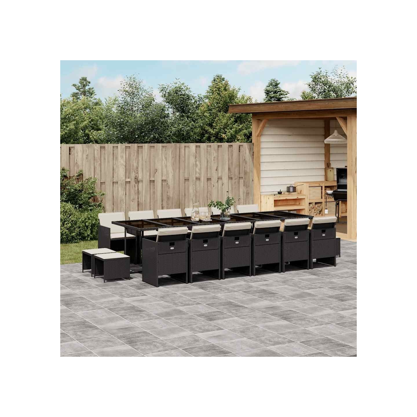 Ensemble à manger de jardin 17 pcs coussins noir résine tressée