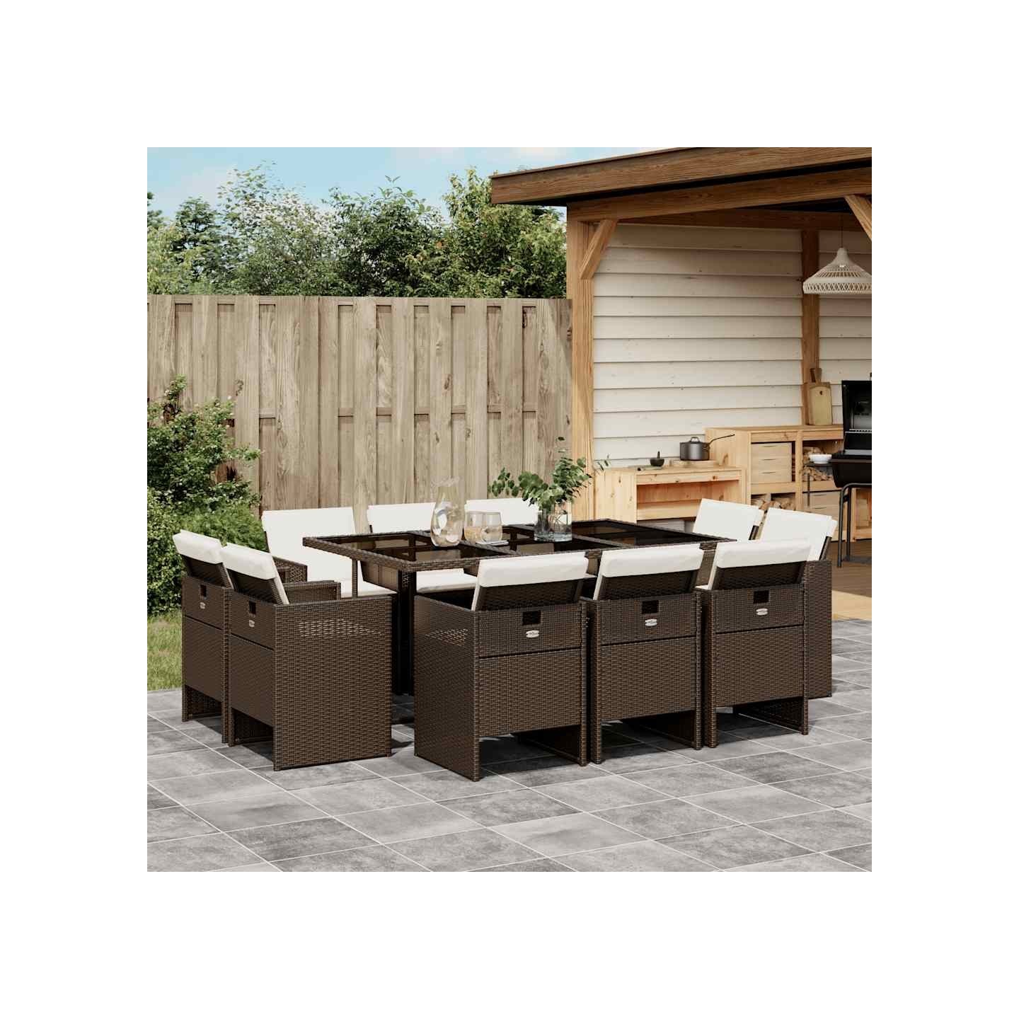 Ensemble à manger de jardin et coussins 11 pcs marron rotin