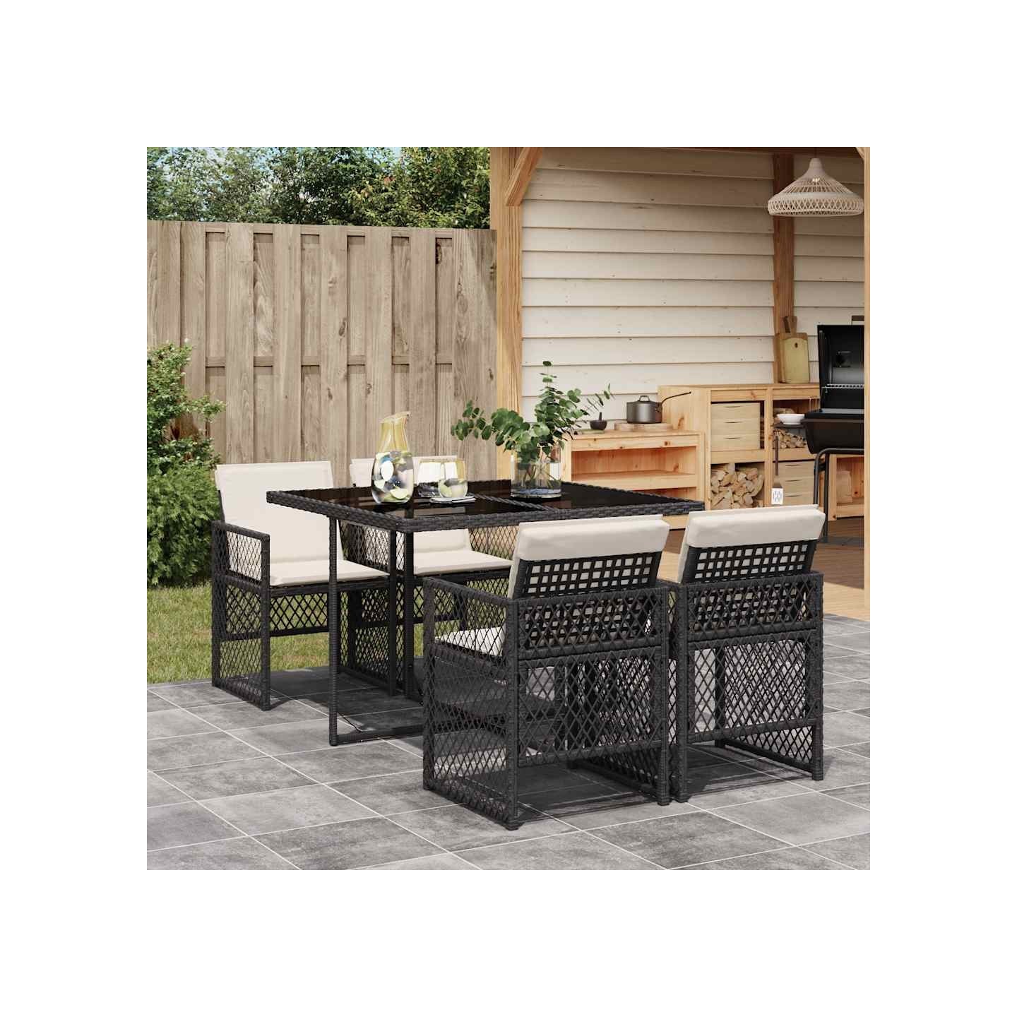 Ensemble à manger de jardin coussins 5pcs noir résine tressée