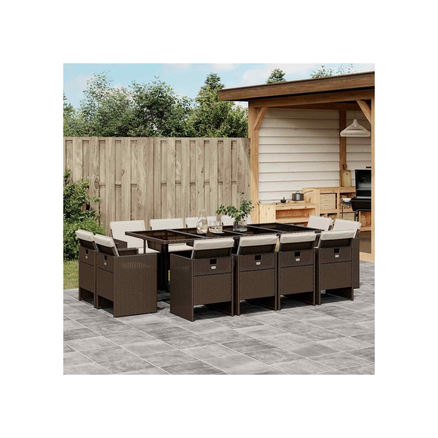 Ensemble à manger de jardin avec coussins 13 pcs marron rotin