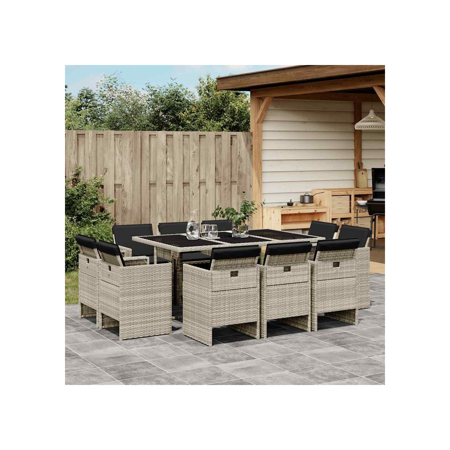 Ensemble à manger de jardin 11pcs avec coussins gris poly rotin