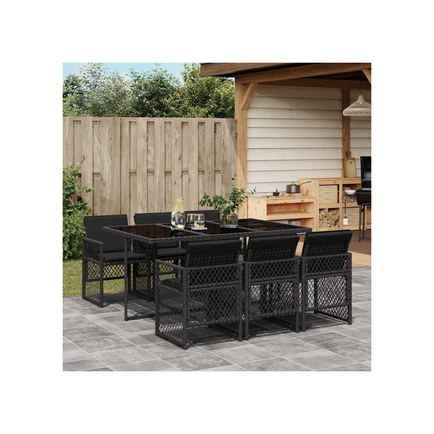 Ensemble à manger de jardin coussins 7 pcs noir résine tressée