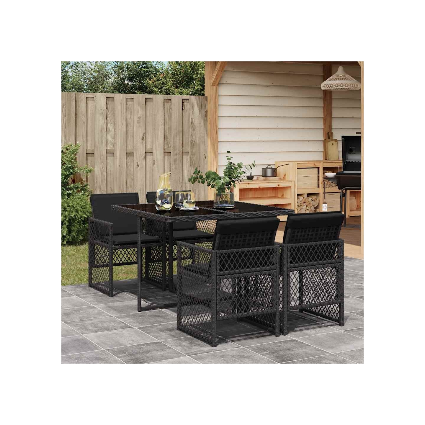 Ensemble à manger de jardin coussins 5pcs noir résine tressée