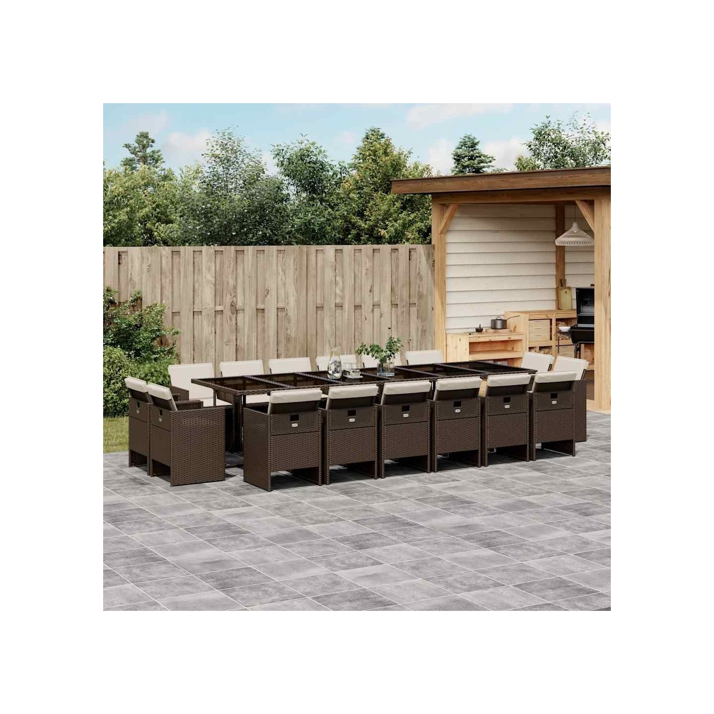 Ensemble à manger de jardin et coussins 17 pcs marron rotin