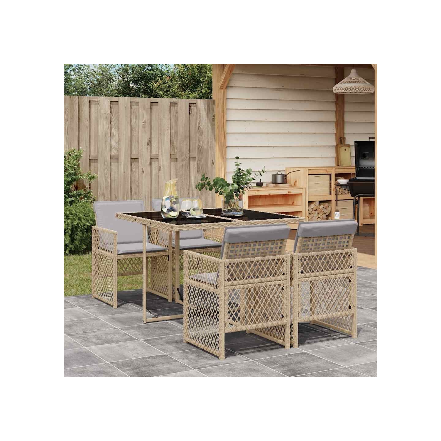 Ensemble à manger de jardin avec coussins 5pcs Beige poly rotin
