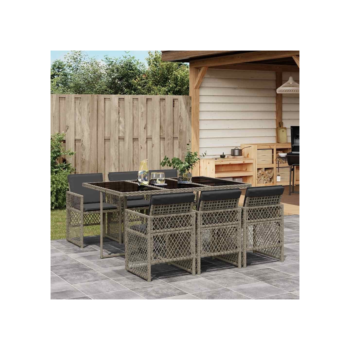 Ensemble à manger de jardin et coussins 7 pcs gris rotin