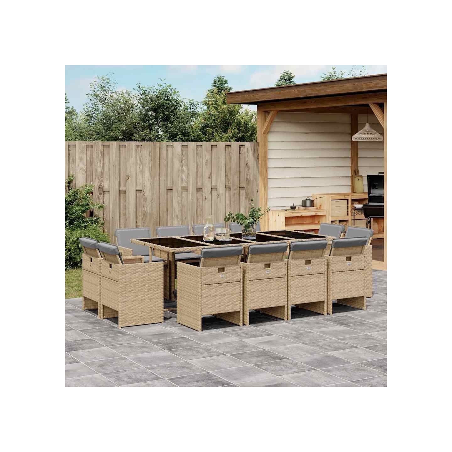 Ensemble à manger de jardin coussins 13 pcs mélange beige rotin