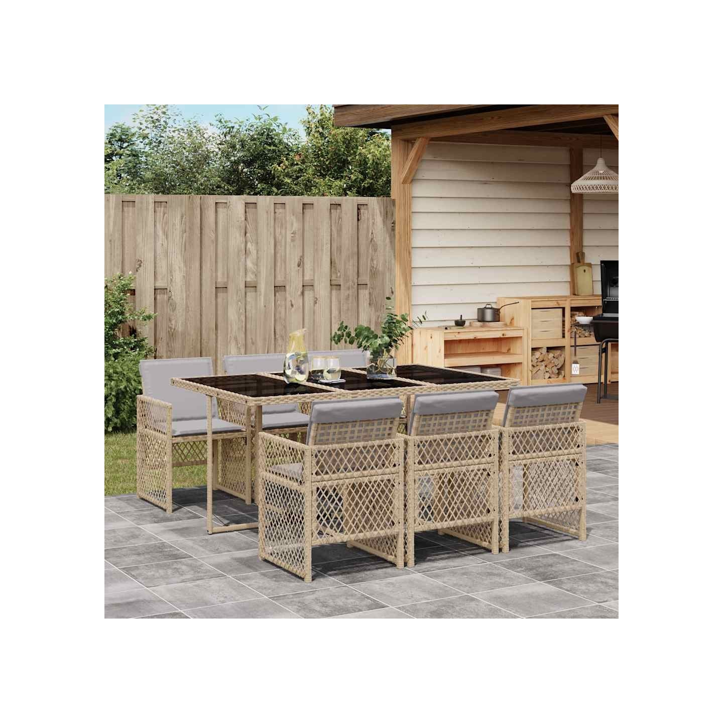 Ensemble à manger de jardin et coussins 7 pcs beige poly rotin