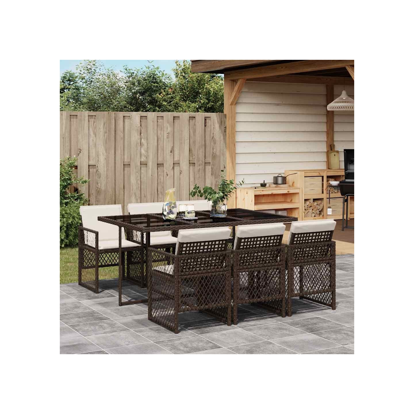 Ensemble à manger de jardin et coussins 7 pcs marron rotin