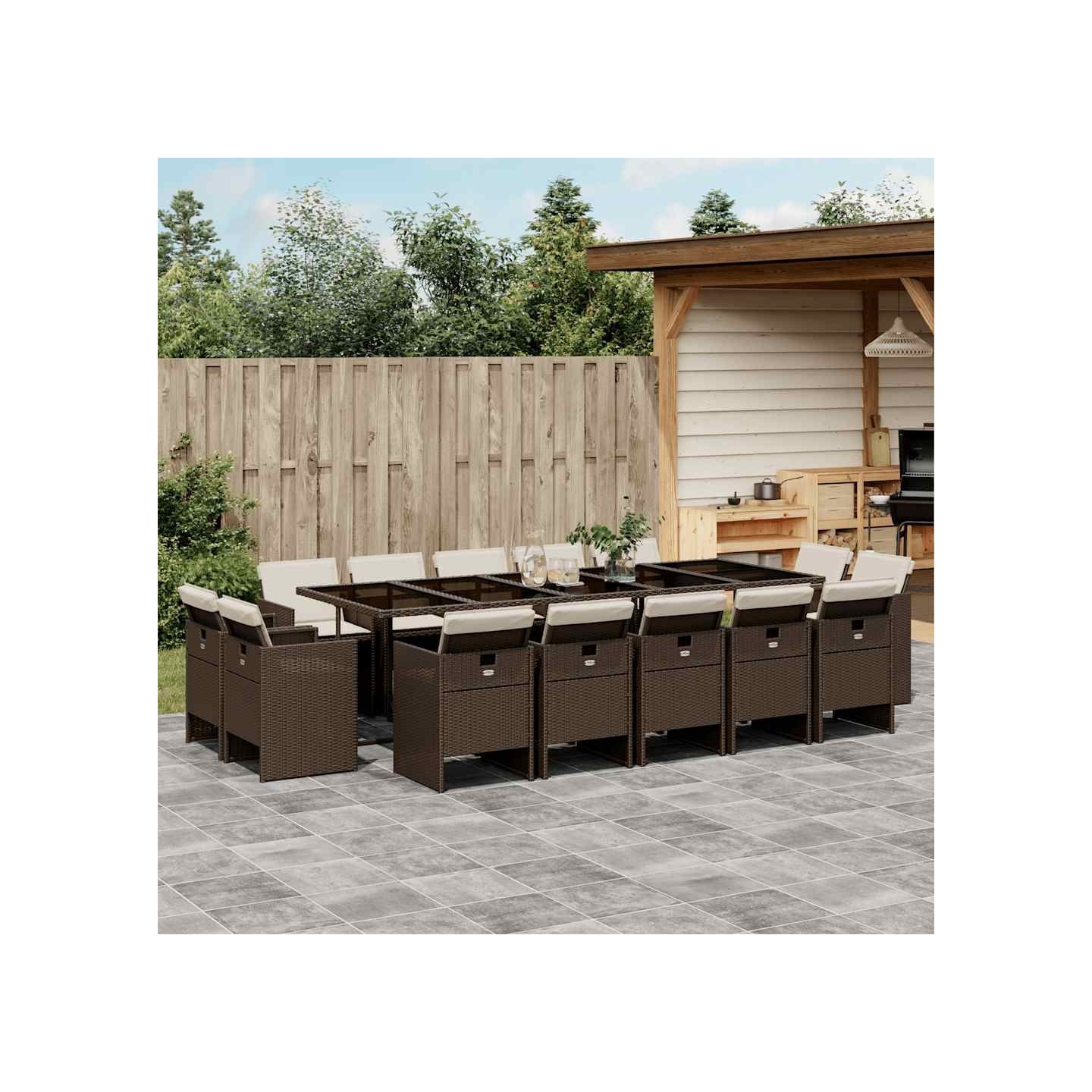 Ensemble à manger de jardin avec coussins 15 pcs marron rotin