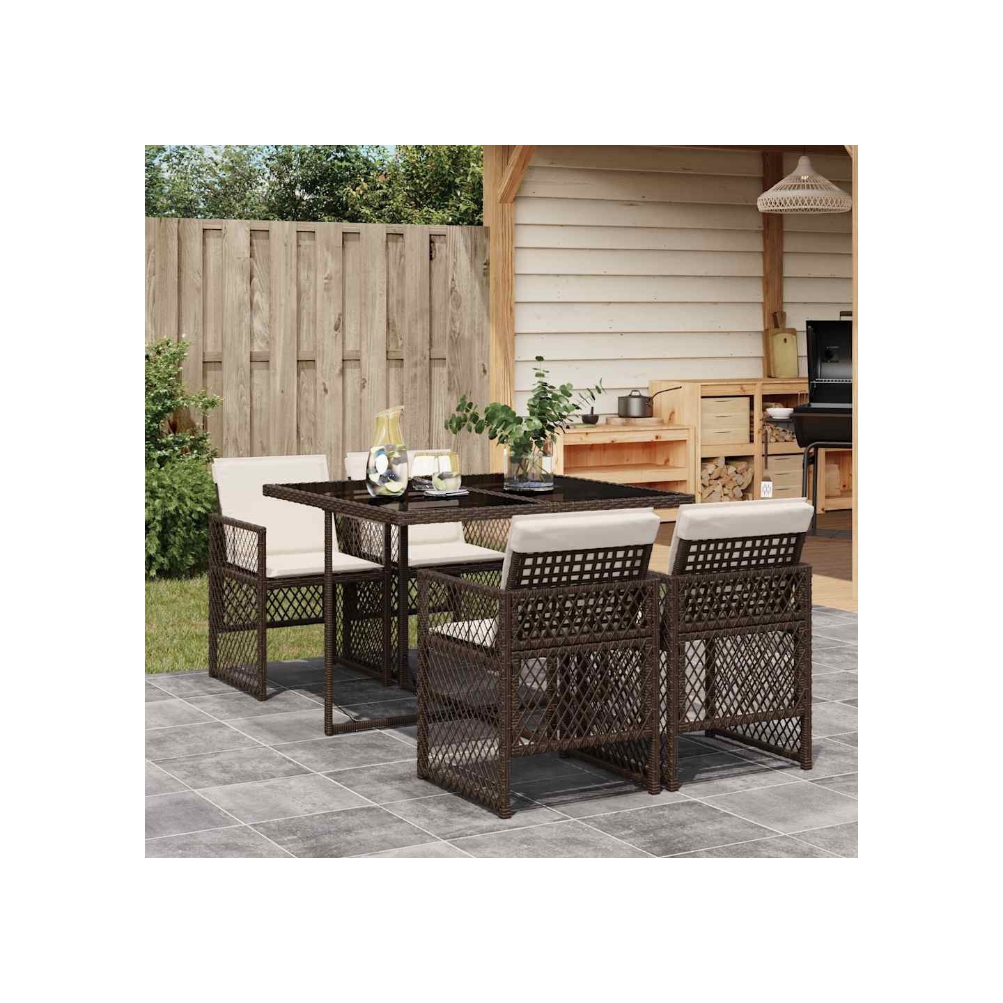 Ensemble à manger de jardin 5 pcs et coussins marron poly rotin
