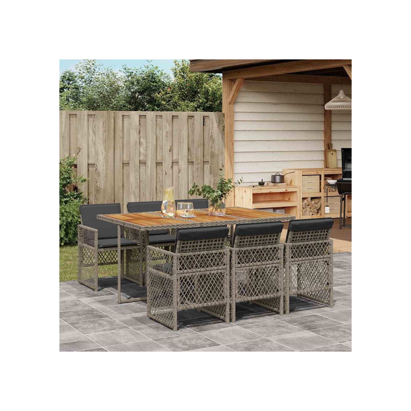 Ensemble à manger de jardin et coussins 7 pcs gris rotin