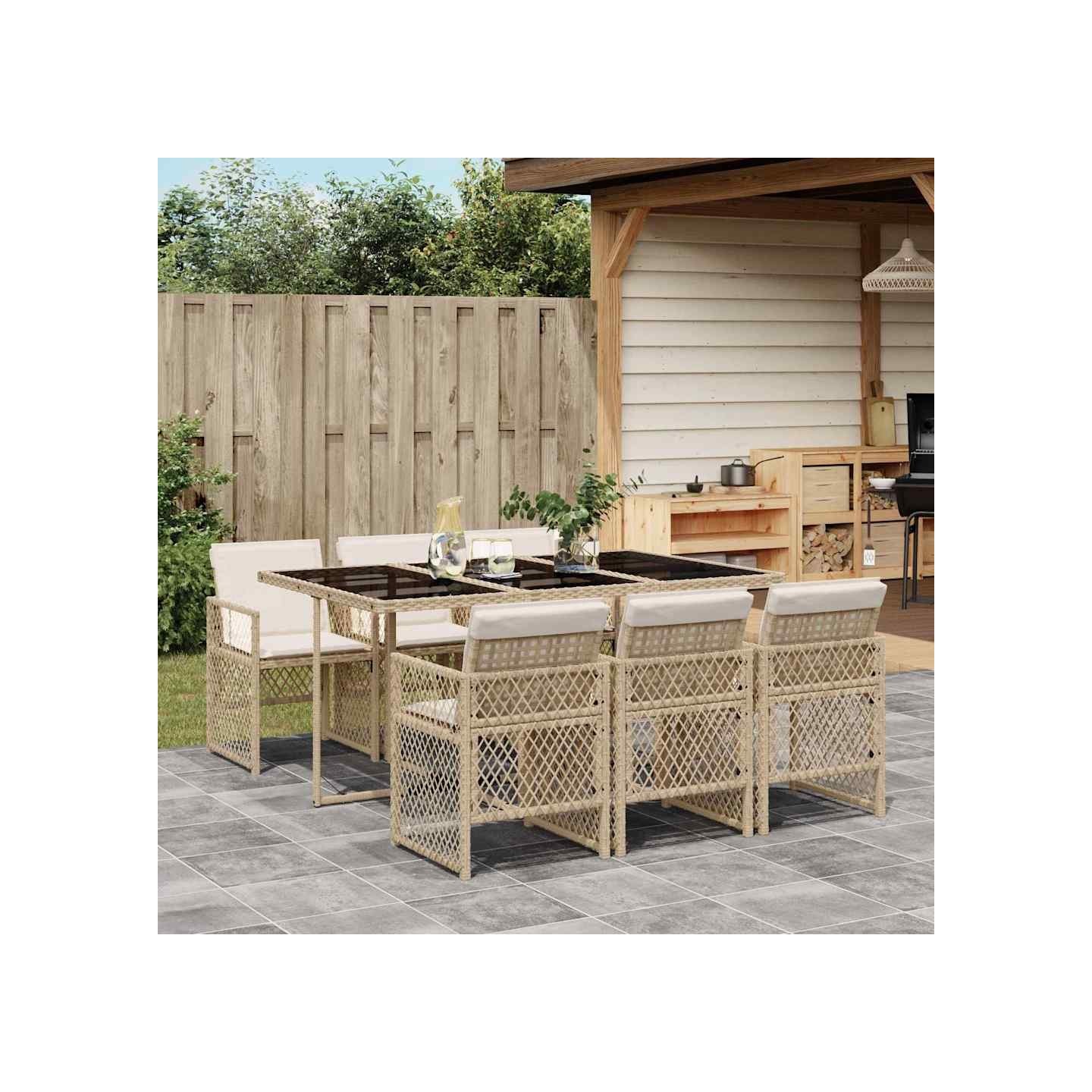 Ensemble à manger de jardin et coussins 7 pcs beige poly rotin