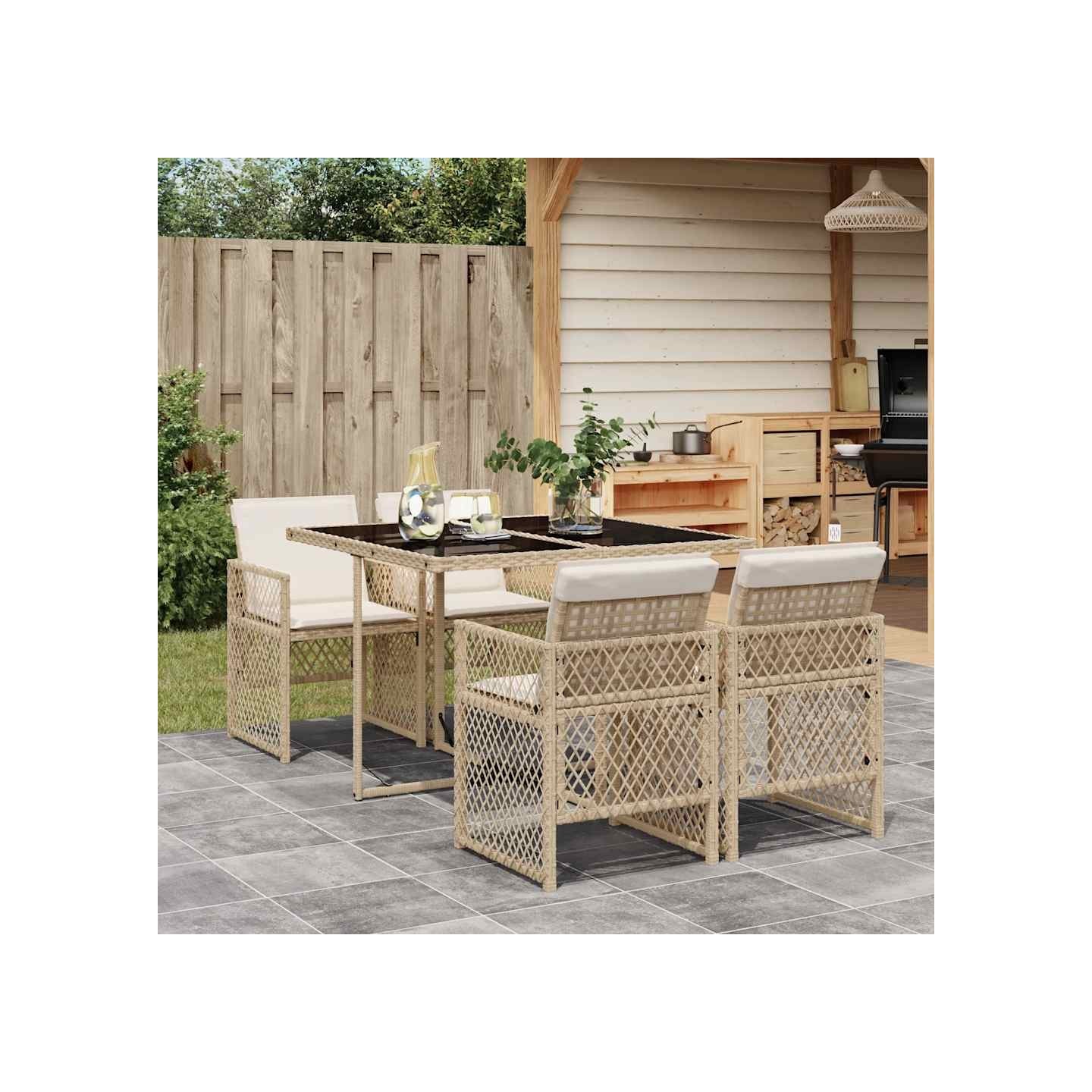 Ensemble à manger de jardin avec coussins 5pcs Beige poly rotin