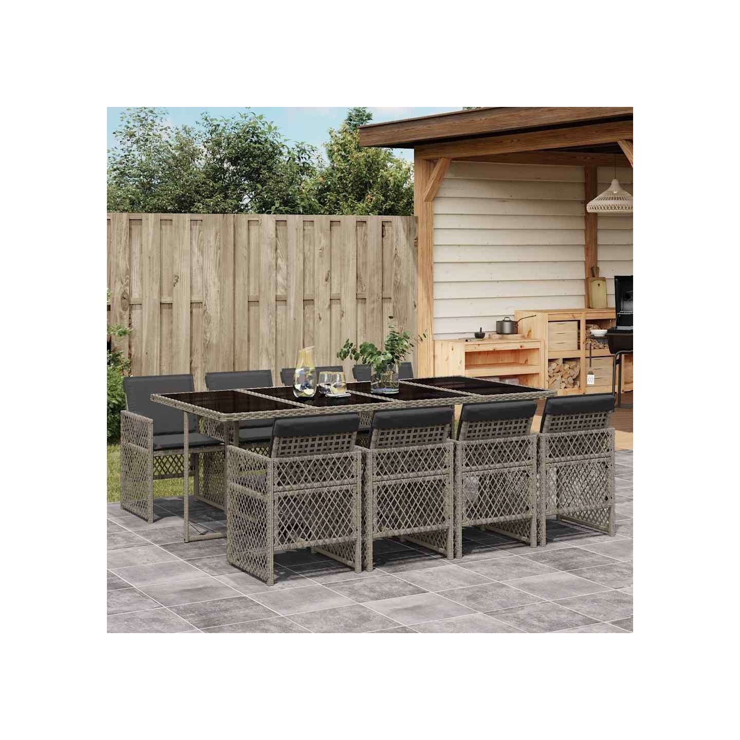 Ensemble à manger de jardin 9 pcs coussins gris résine tressée