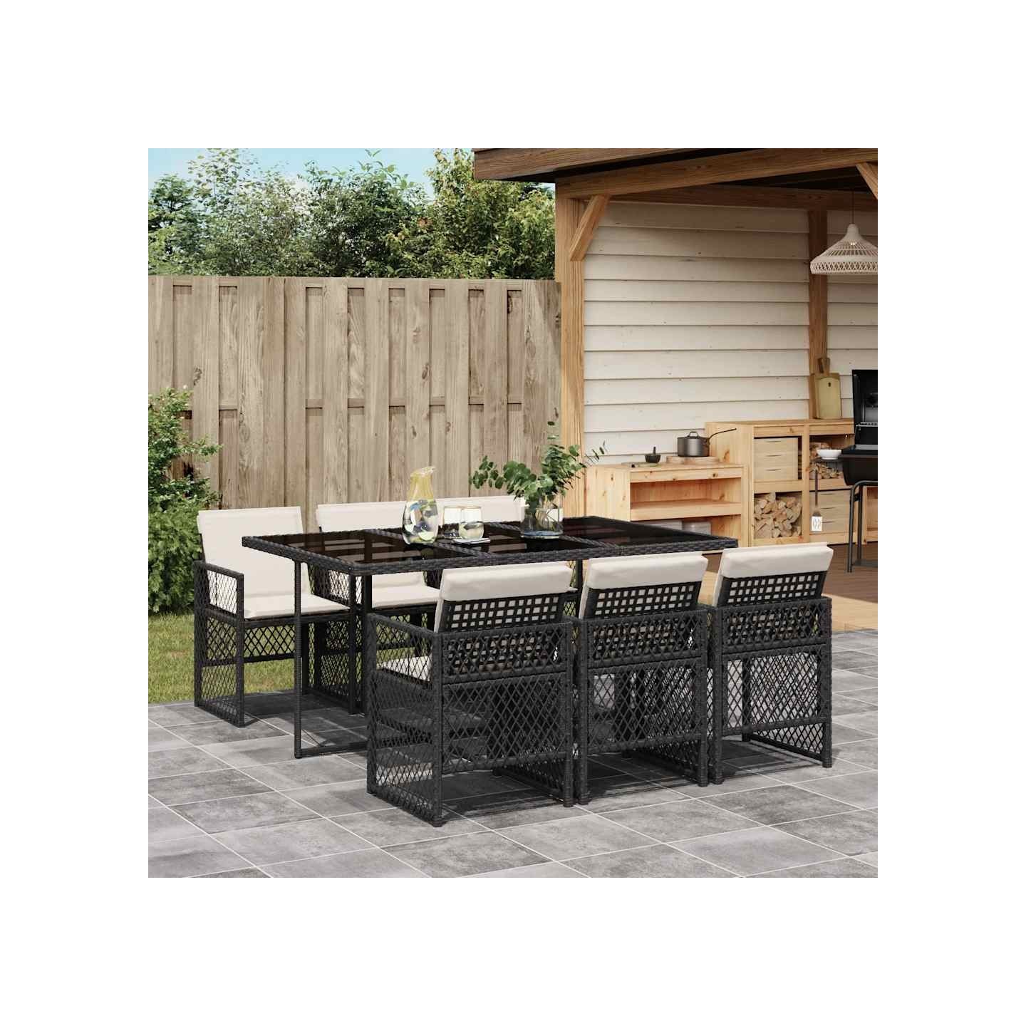 Ensemble à manger de jardin coussins 7 pcs noir résine tressée