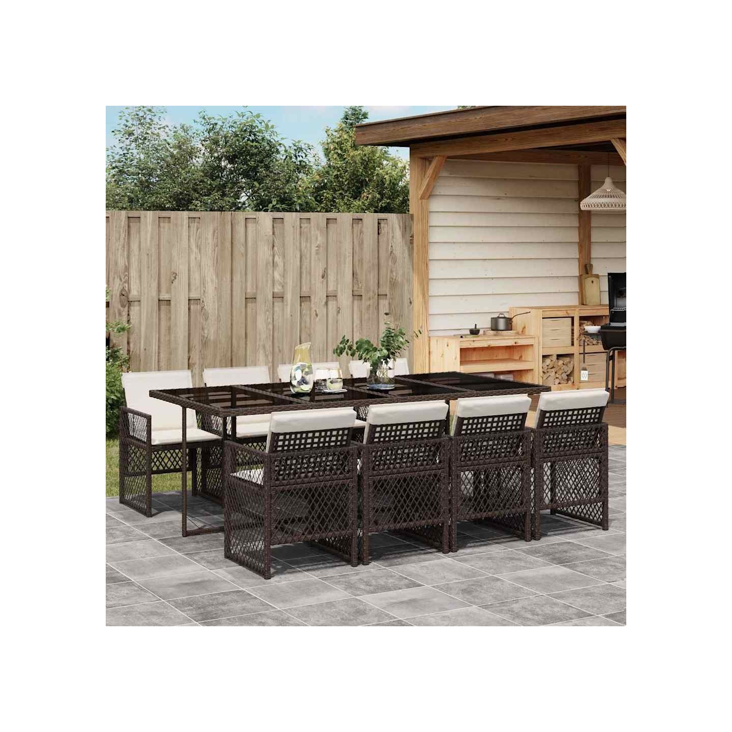 Ensemble à manger de jardin et coussins 9 pcs marron poly rotin