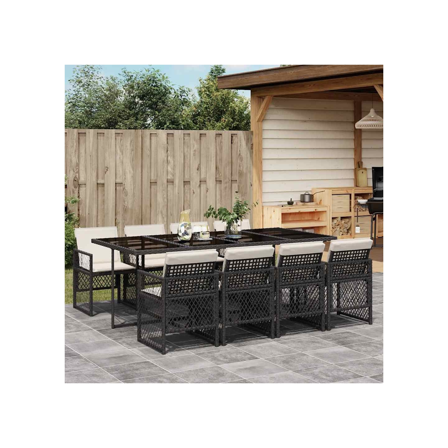 Ensemble à manger de jardin 9pcs coussins noir résine tressée