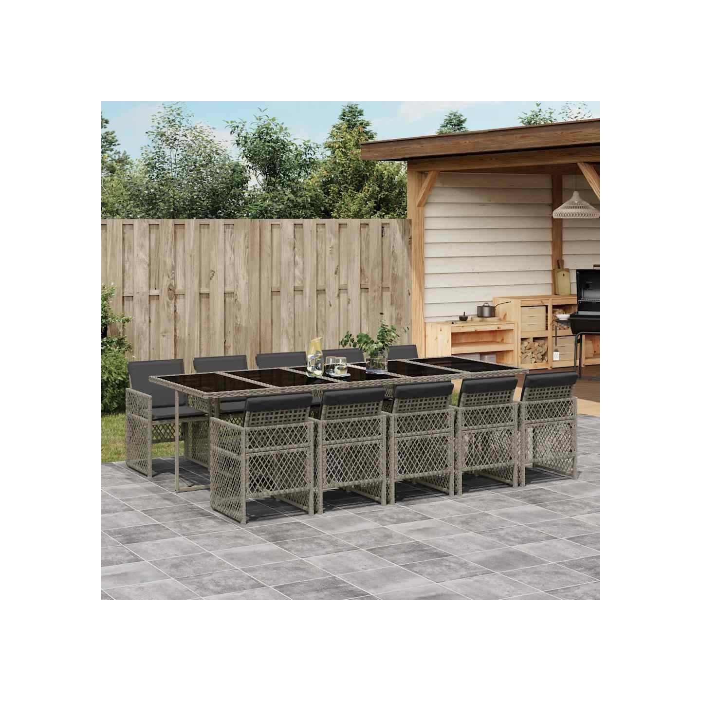 Ensemble à manger de jardin 11pcs avec coussins gris poly rotin