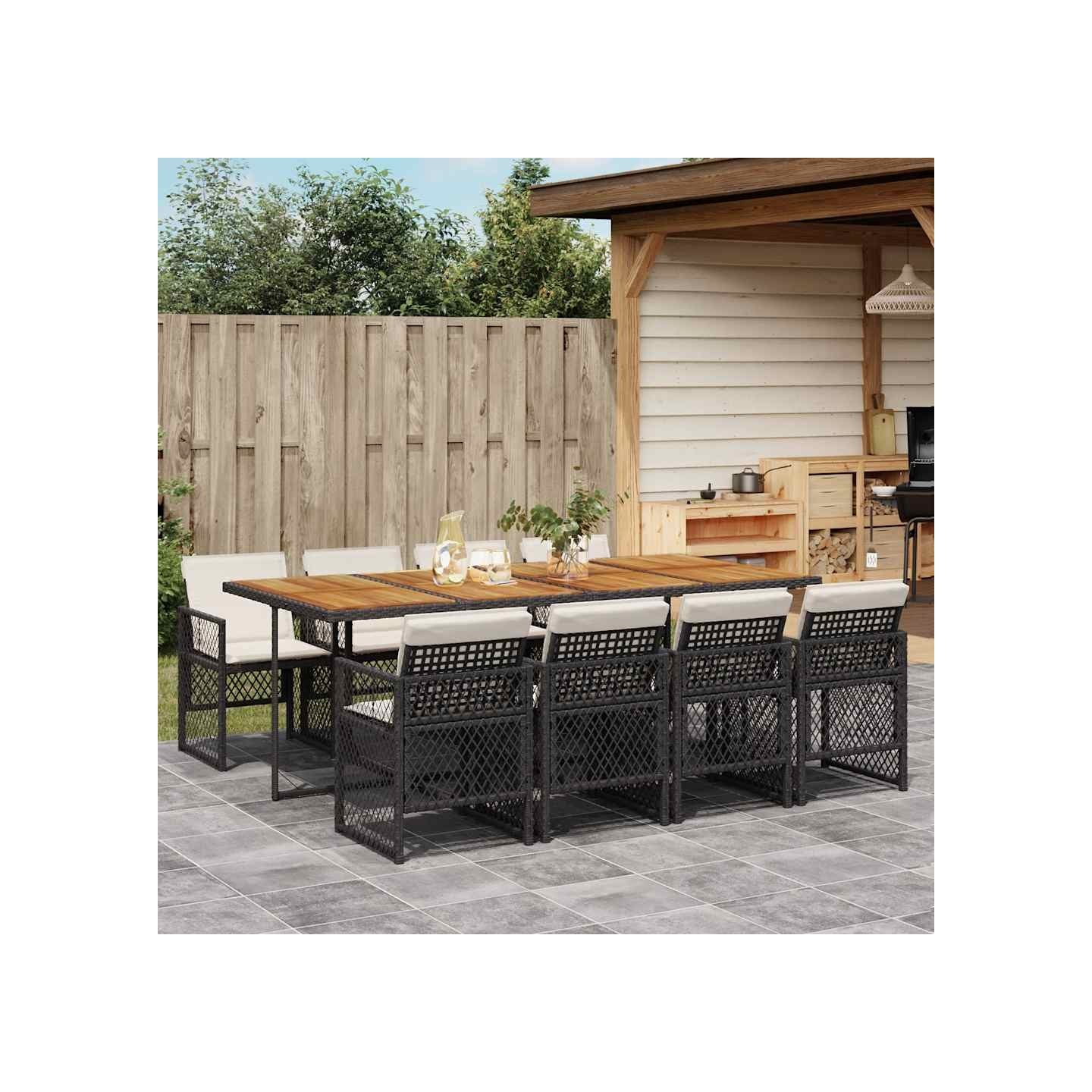 Ensemble à manger de jardin 9pcs coussins noir résine tressée