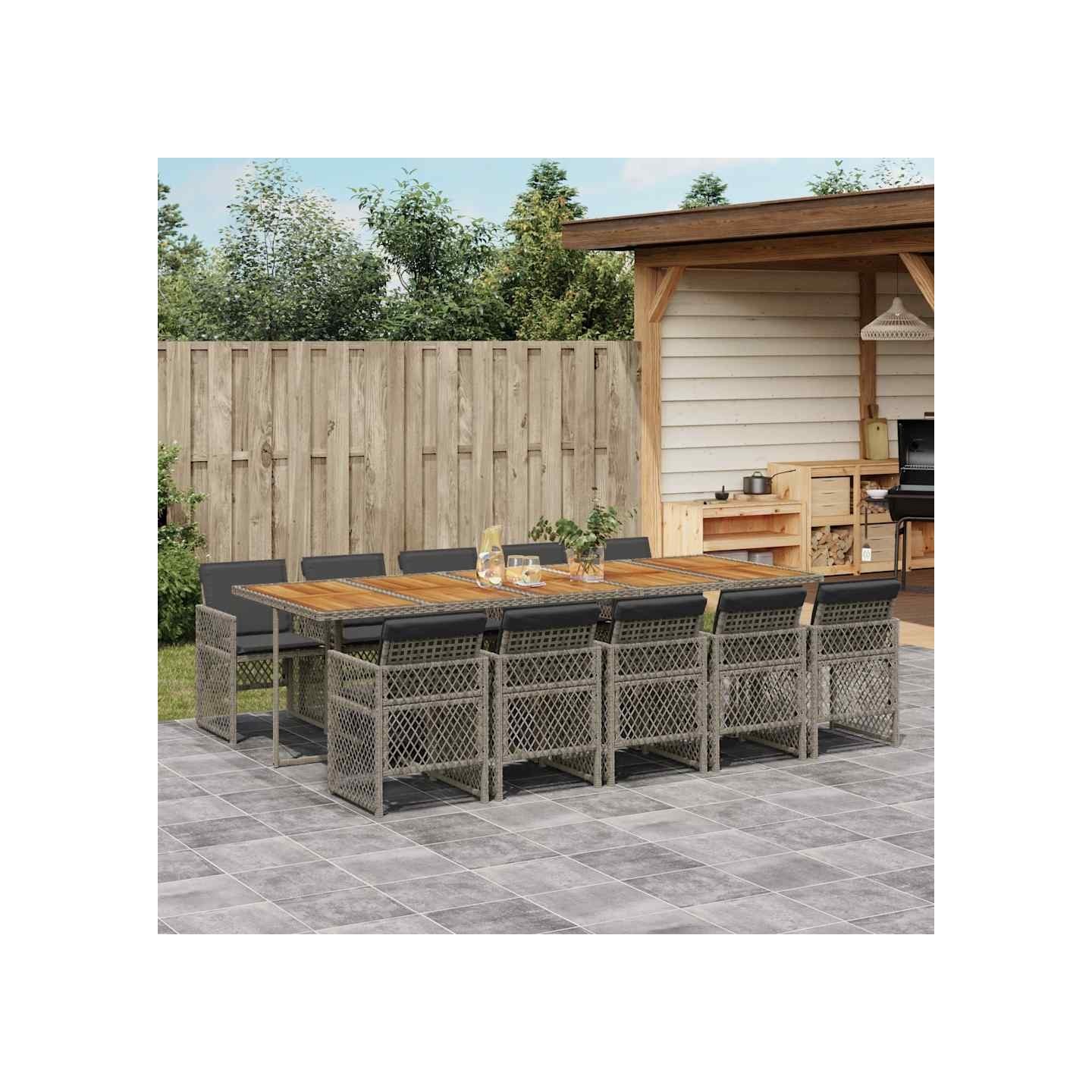 Ensemble à manger de jardin 11pcs avec coussins gris poly rotin