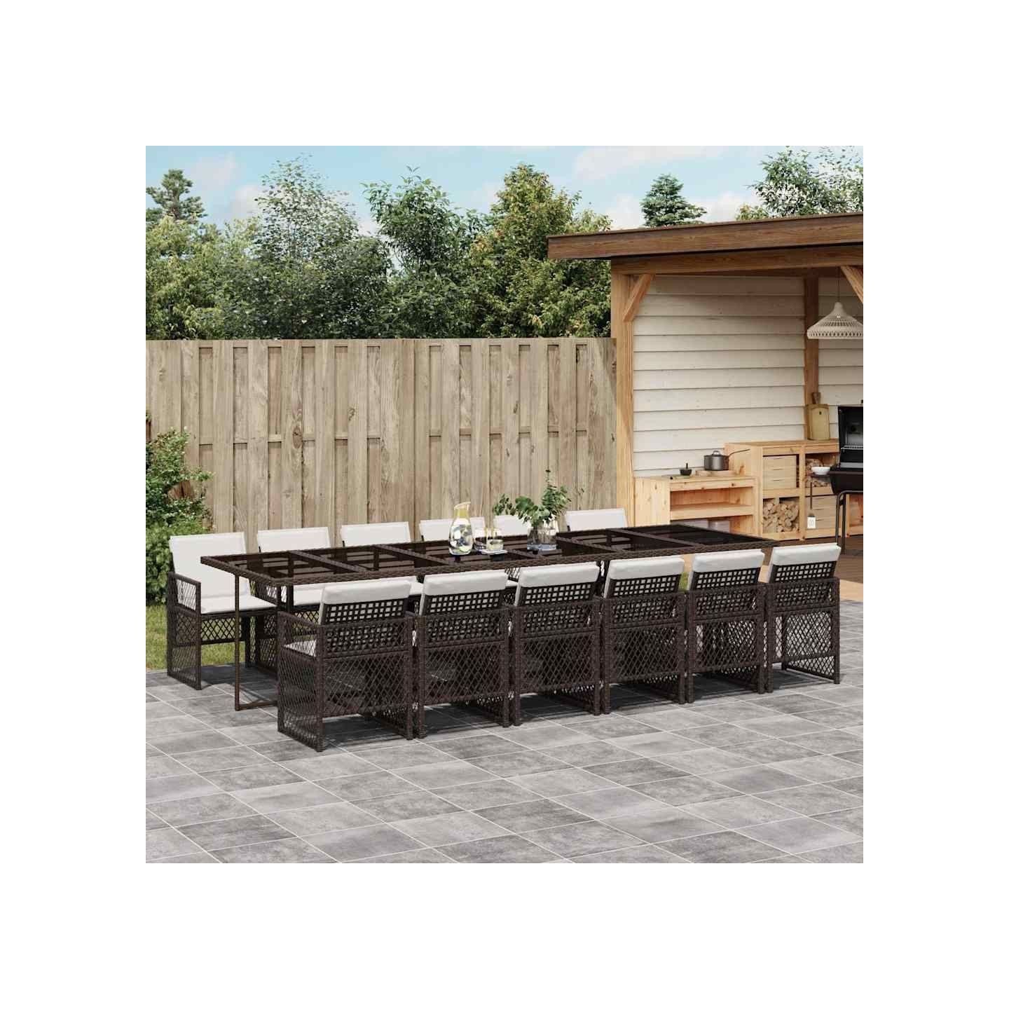 Ensemble à manger de jardin avec coussins 13 pcs marron rotin