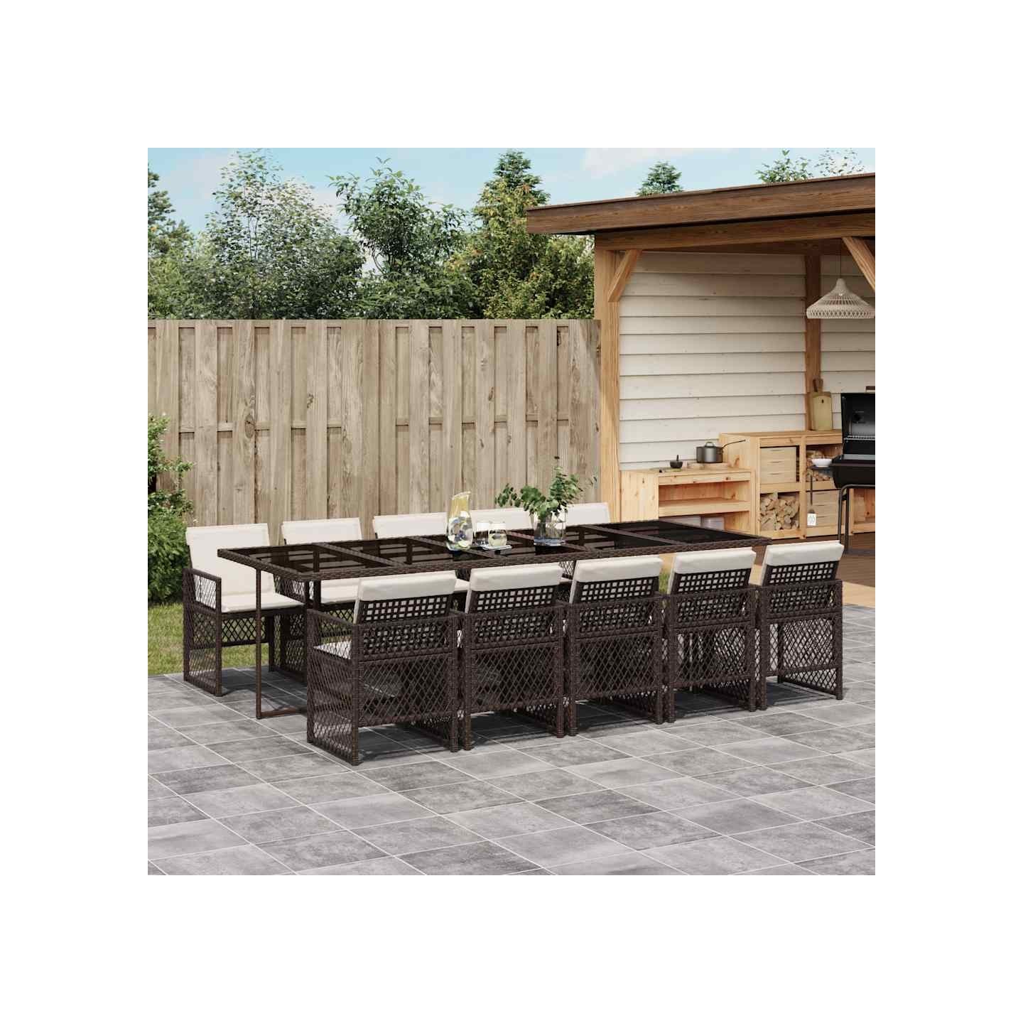Ensemble à manger de jardin et coussins 11 pcs marron rotin