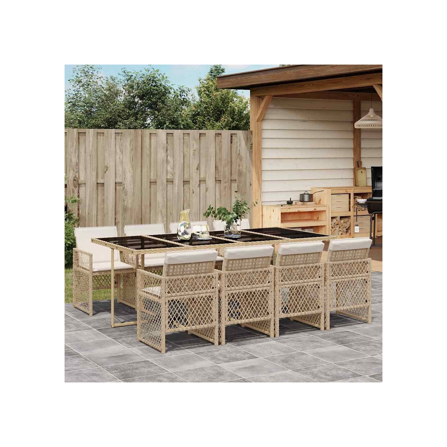 Ensemble à manger de jardin et coussins 9 pcs beige Poly rotin