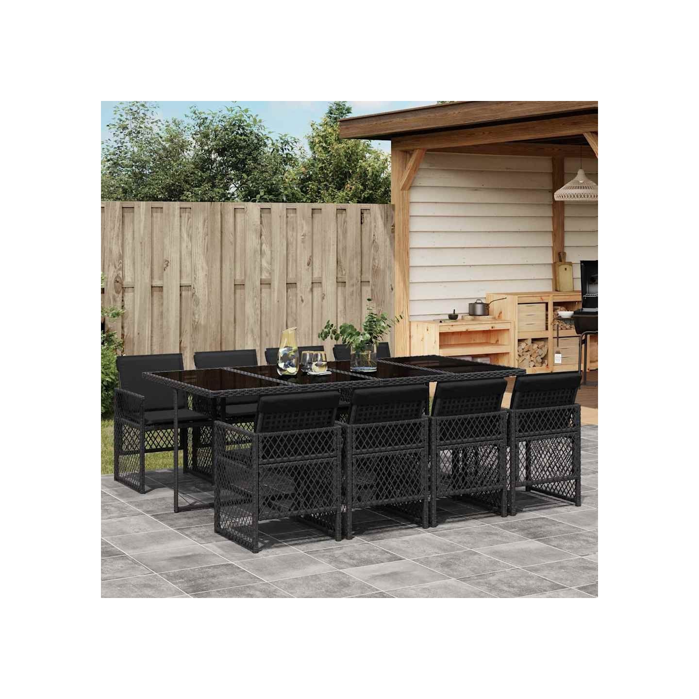Ensemble à manger de jardin 9pcs coussins noir résine tressée