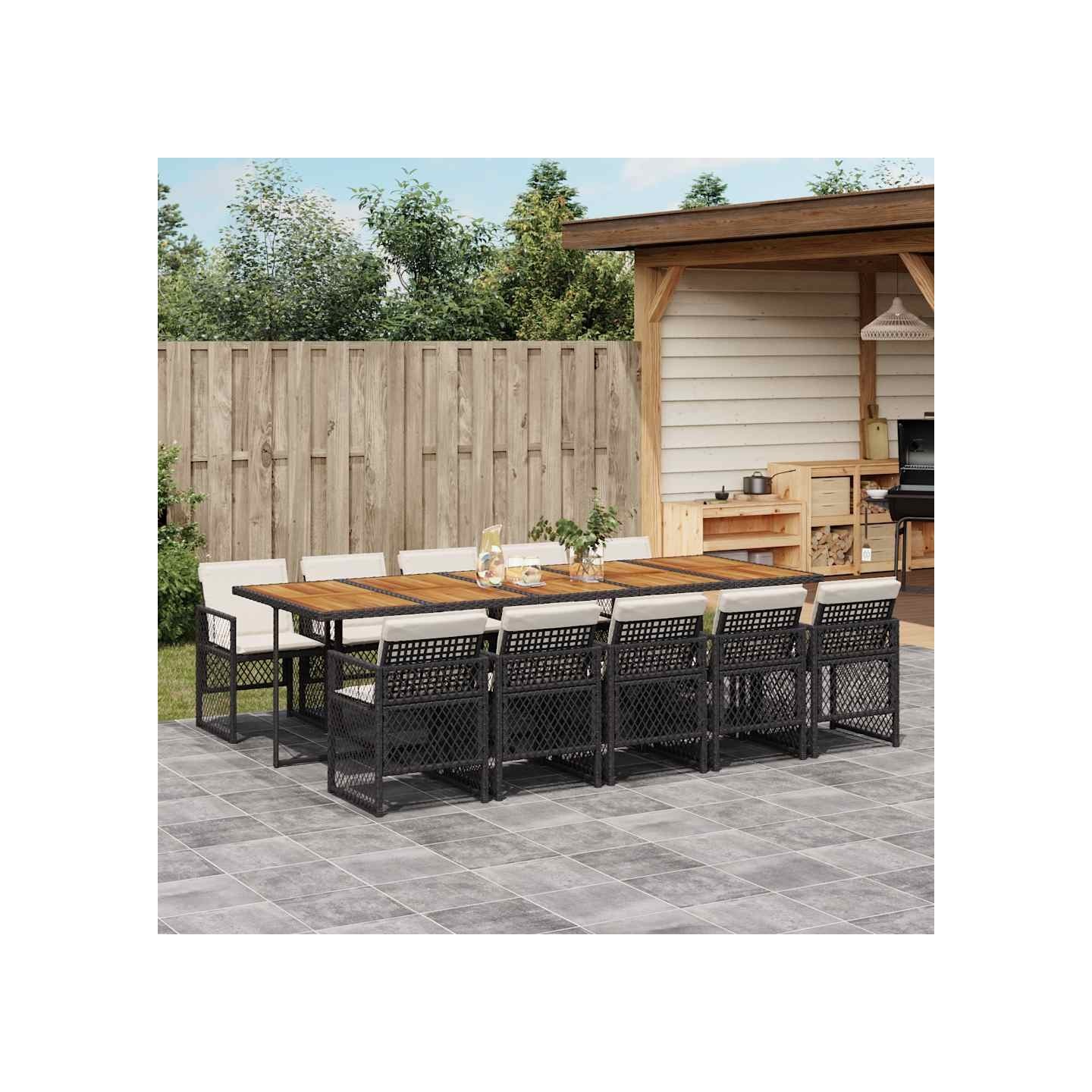 Ensemble à manger de jardin 11 pcs coussins noir résine tressée
