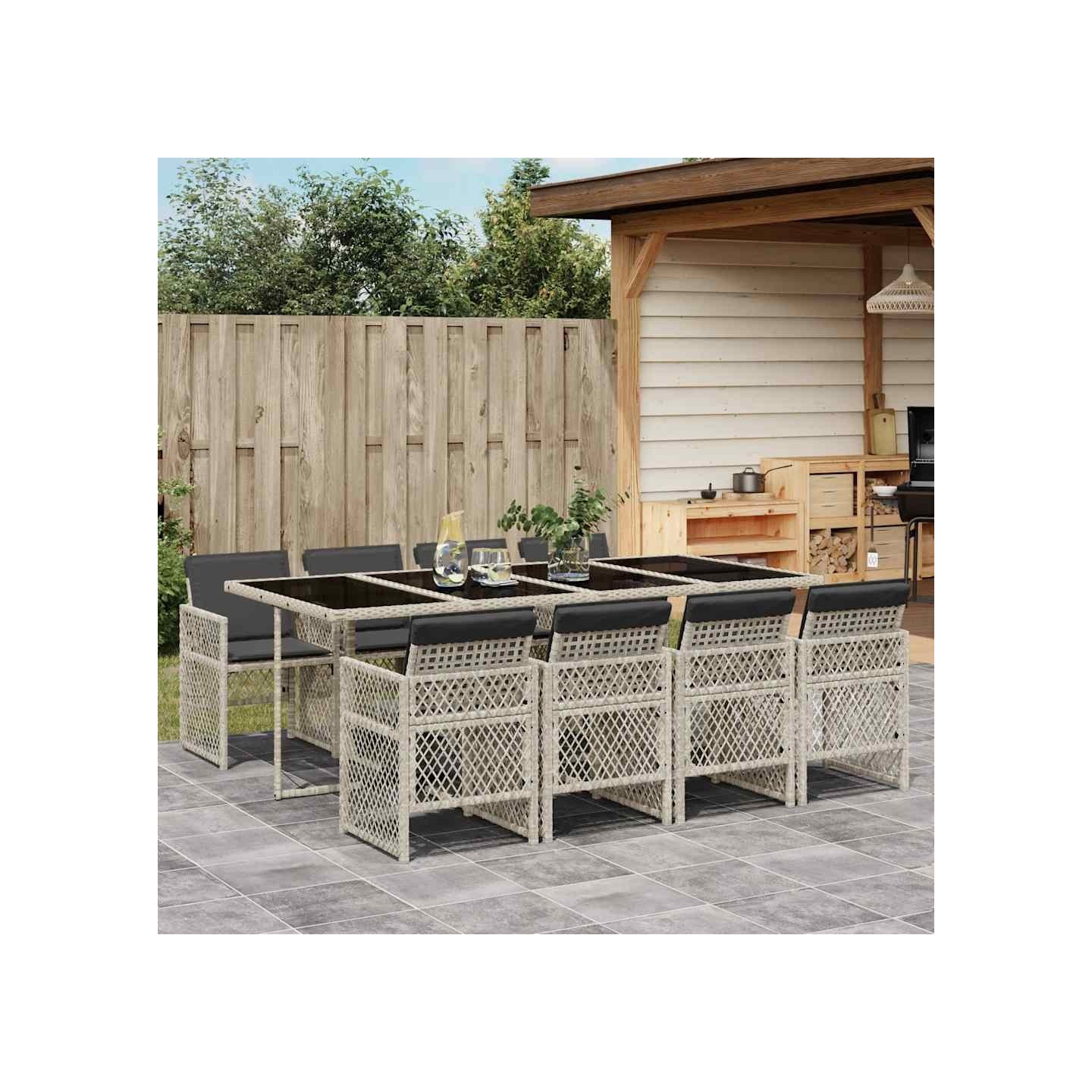Ensemble à manger de jardin et coussins 9 pcs gris clair rotin