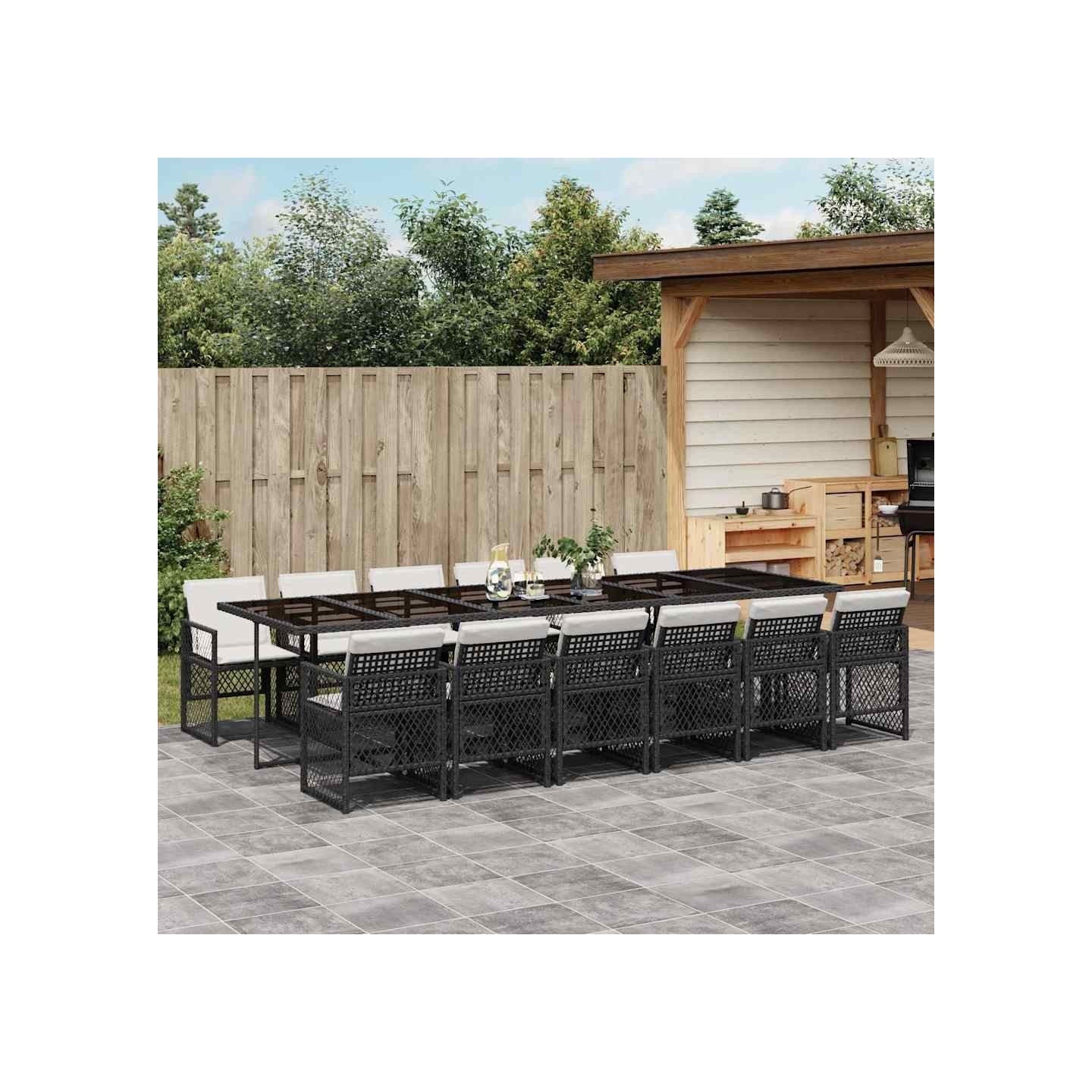 Ensemble à manger de jardin 13 pcs coussins noir résine tressée