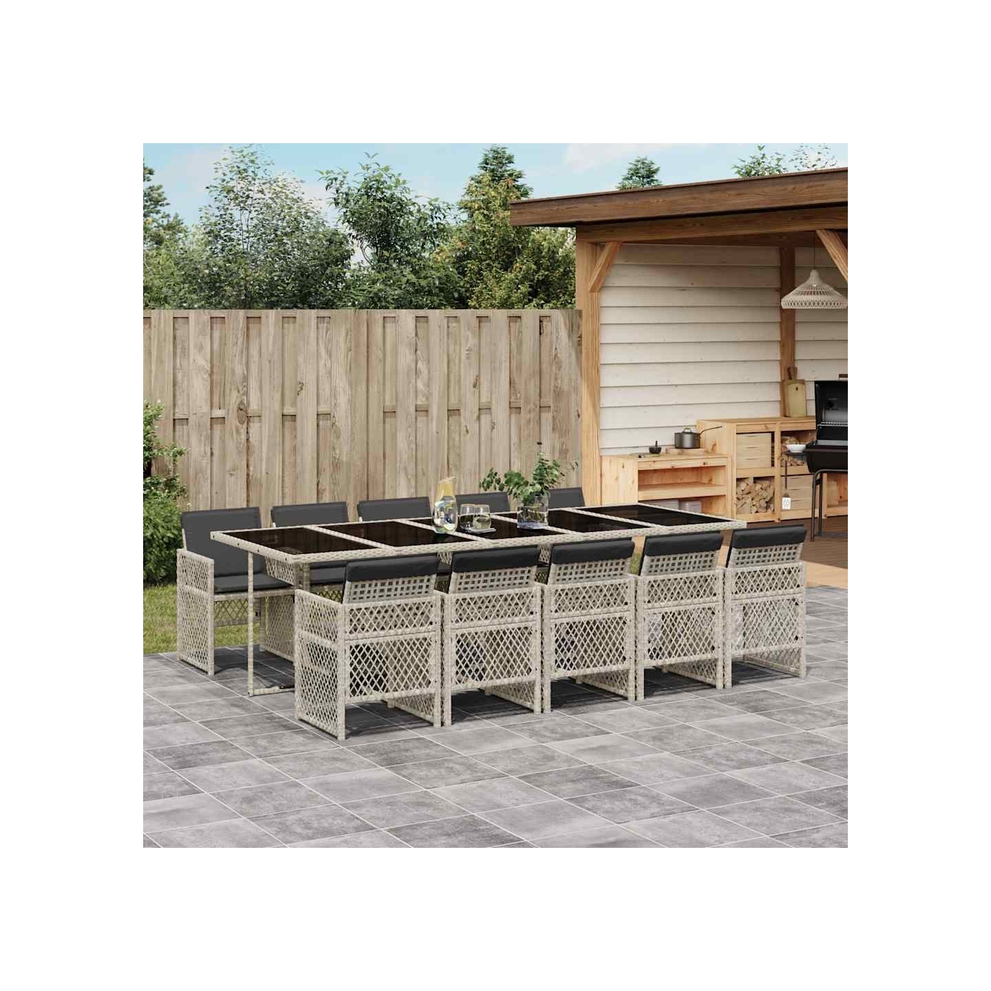 Ensemble à manger de jardin 11pcs avec coussins gris poly rotin