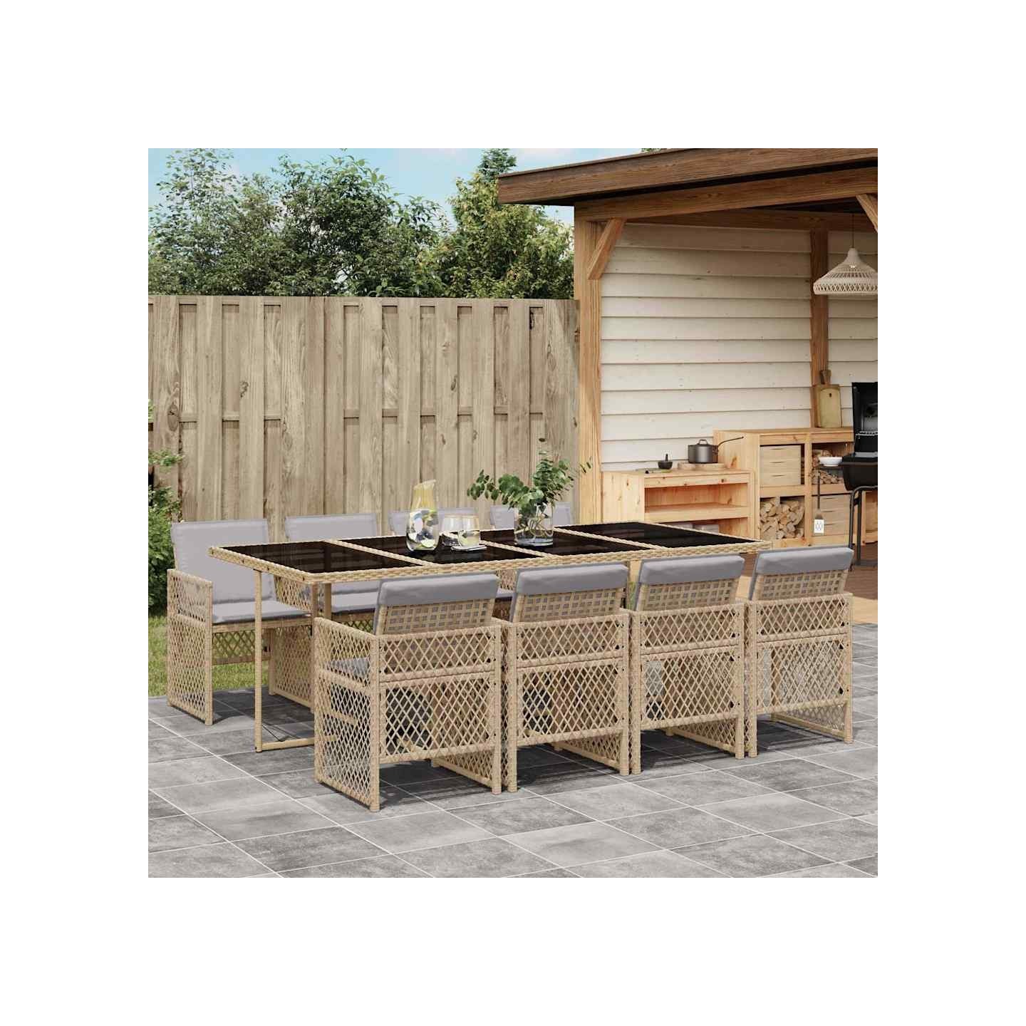Ensemble à manger de jardin et coussins 9 pcs beige Poly rotin