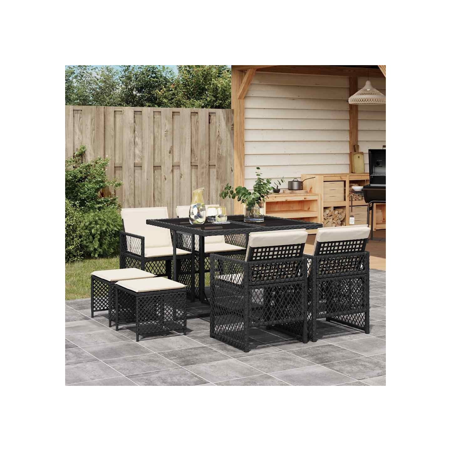 Ensemble à manger de jardin 9pcs coussins noir résine tressée