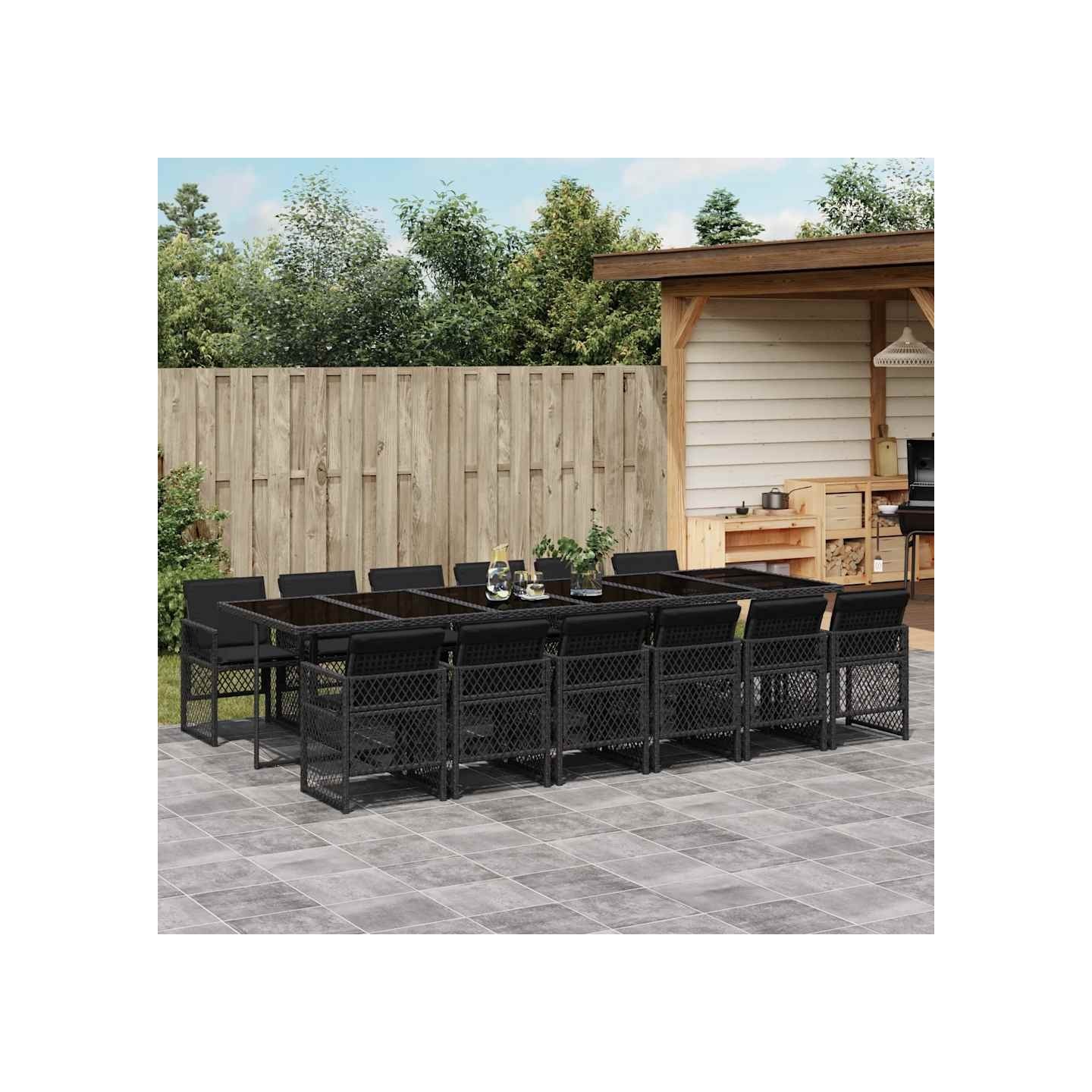 Ensemble à manger de jardin 13 pcs coussins noir résine tressée