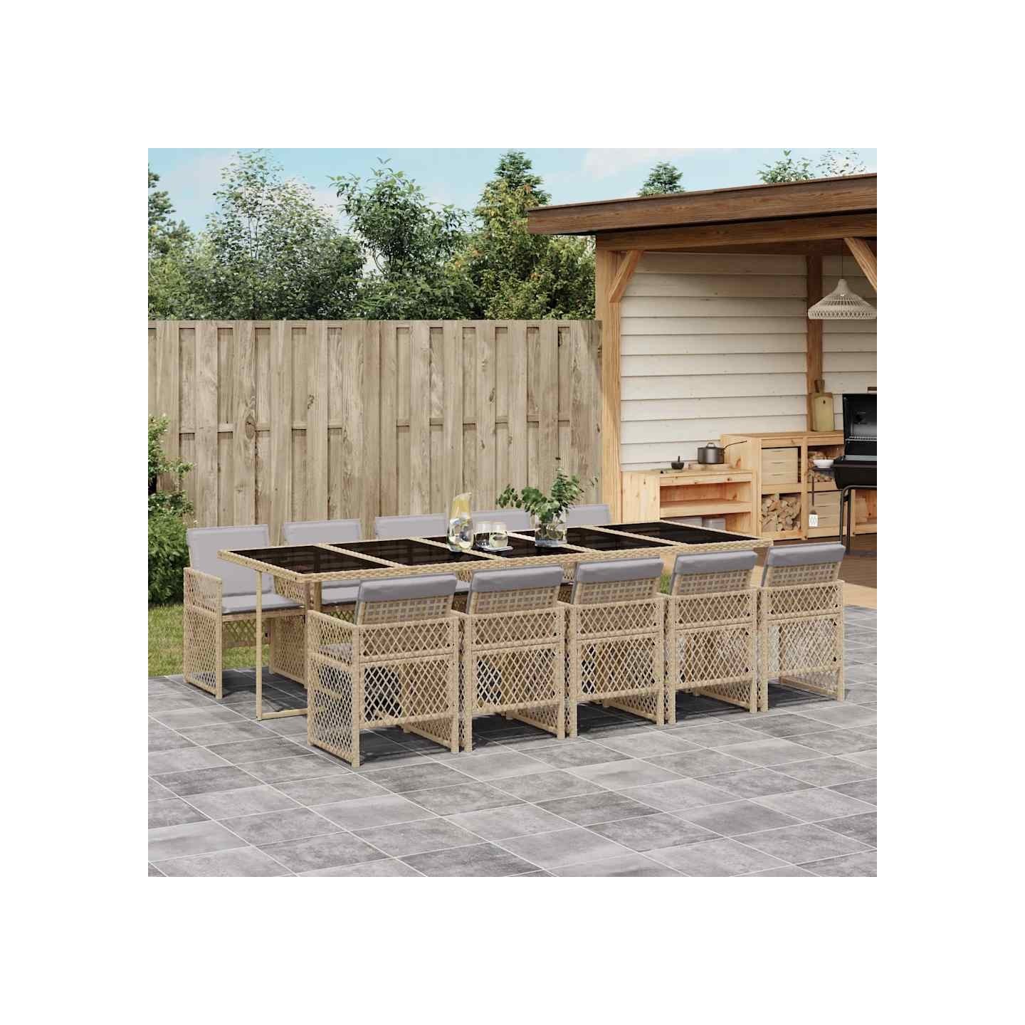 Ensemble à manger de jardin et coussins 11 pcs beige poly rotin