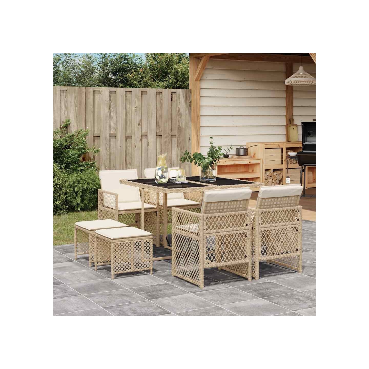 Ensemble à manger de jardin et coussins 9 pcs beige Poly rotin