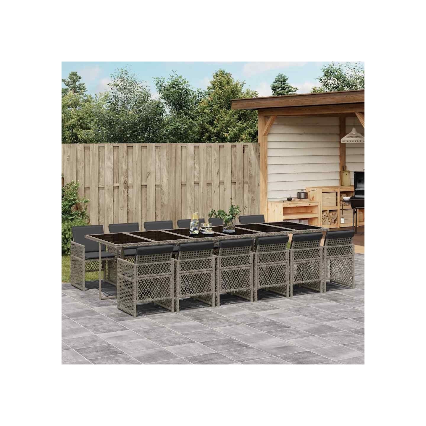 Ensemble à manger de jardin coussins 13 pcs gris résine tressée